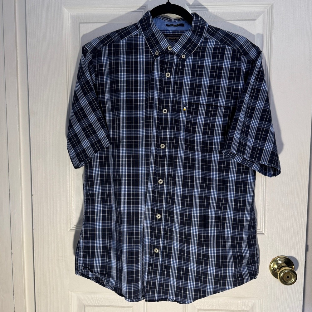 Mason James Button Down Shirt Mens Medium Blue Plaid Short Sleeve Stretch Pocket